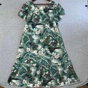 KY'S Muumuu Dress Hawaiian Tropical Floral Size L Green Excellent Short Sleeve